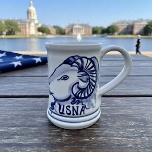 Vintage USNA Naval Academy Mug-Signed Buckler-Blue White Studio Pottery Stein